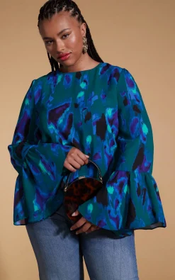 Women Dancing Leopard Suvi Flare Sleeve Top In Camo Abstract Blue On Green- Extended Sizing