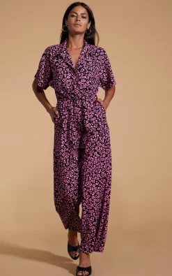 Women Dancing Leopard Zeta Jumpsuit In Pink On Black Leopard