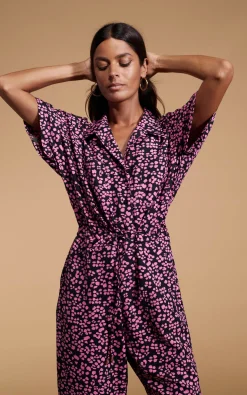Women Dancing Leopard Zeta Jumpsuit In Pink On Black Leopard