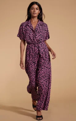 Women Dancing Leopard Zeta Jumpsuit In Pink On Black Leopard